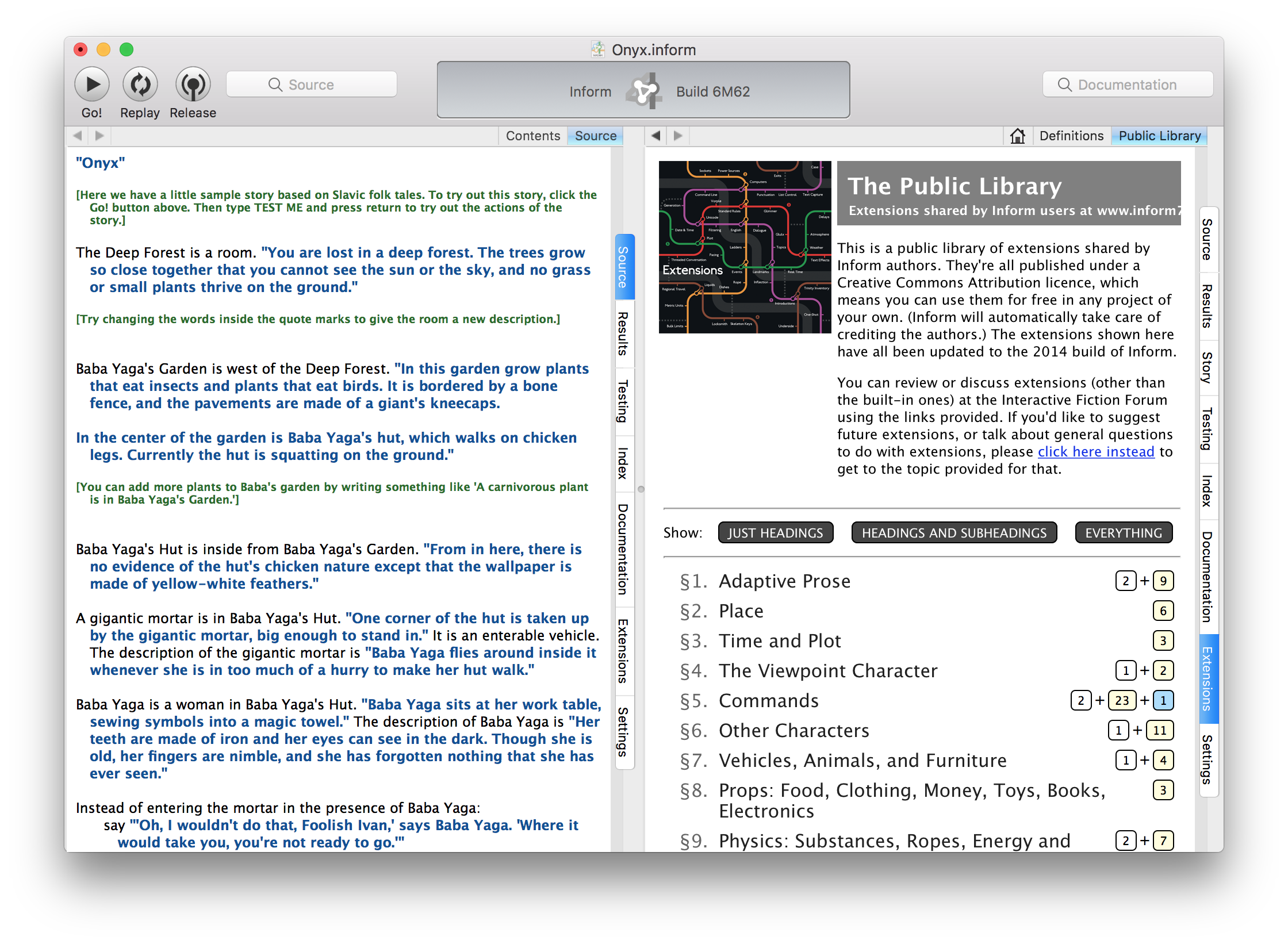 A screenshot of the Inform 7 IDE with the Public Library visible in the rightmost pane.